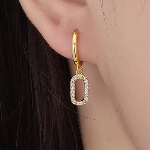 COPY - Gold Crystal Oval Huggie Hoop Dangle Earrings - Picture 5 of 5